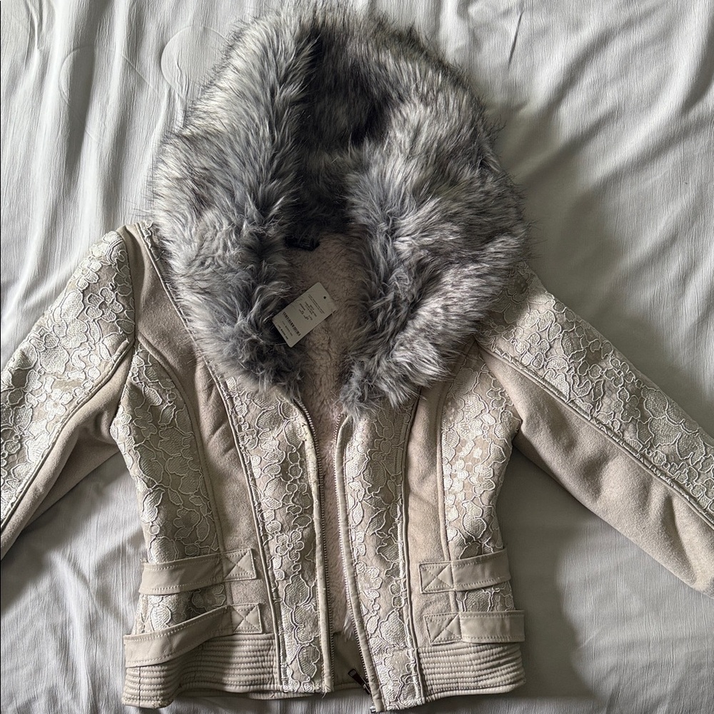 bebe Cream Teddy Jacket with Gray Fur Trim